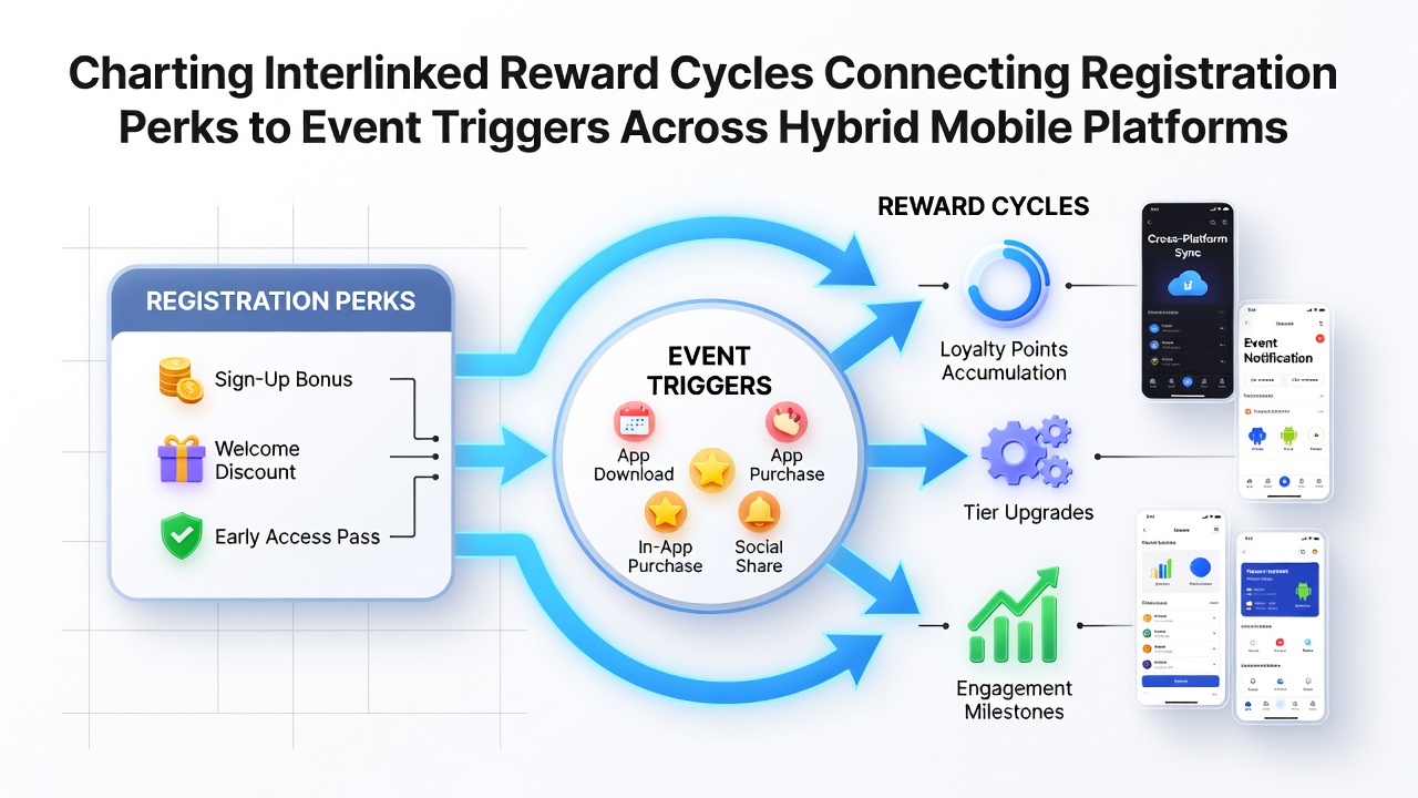 Diagramm vernetzter Belohnungszyklen in mobilen Gaming-Plattformen mit Registrierungsperks und Event-Triggern