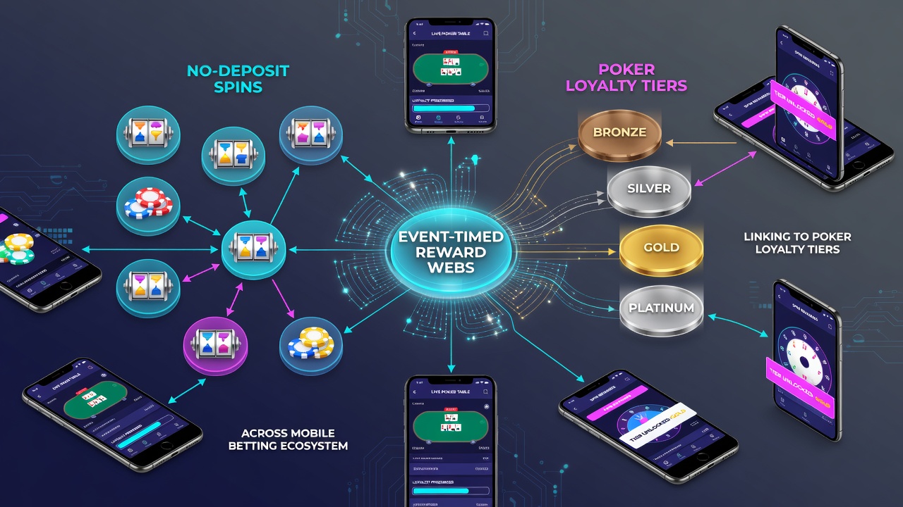 Illustration von Event-gesteuerten Belohnungsketten zwischen Casino-Spins und Poker-Treue in mobilen Apps