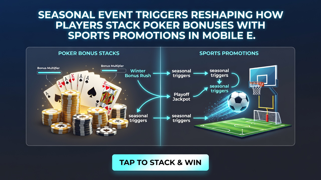 Mobile App-Oberfläche mit gestapelten Poker- und Sportwetten-Boni während saisonaler Events