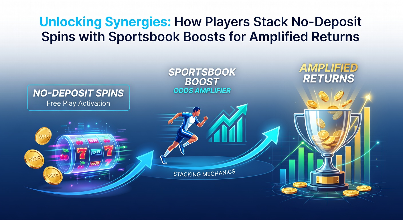 Screenshot einer Plattform mit No-Deposit-Spins-Menü neben Sportsbook-Boost-Angeboten, inklusive Stapel-Beispiel
